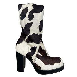 Vintage MIA Women’s Cowprint Fur Brown White Ankle Boot Size US 6.5